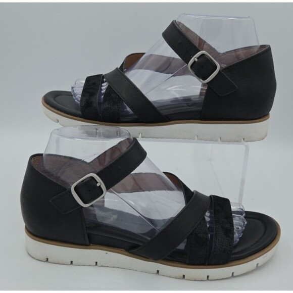 Sofft Sandals Strappy Black Leather Low Wedge Heel Back Zipper Womens 8 M - Picture 1 of 8